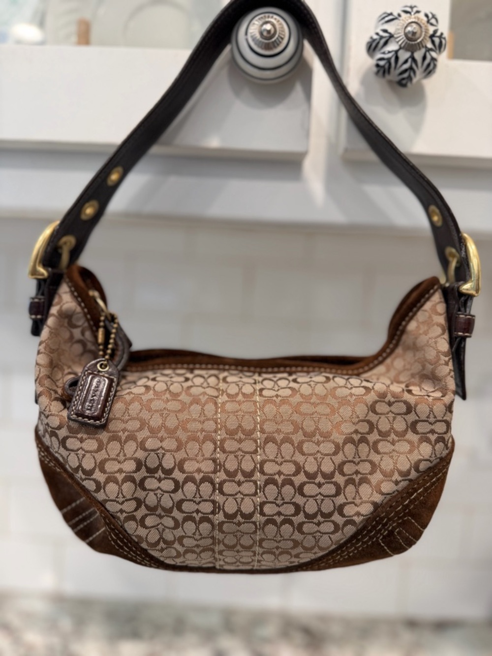 Coach Signature Jacquard Shoulder Bag in Beige and Brown